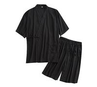 Vhersily Kimono japonés para hombre de algodón Hanfu Vestido de pijama antiguo Plus Size Ropa Zen Ropa Taoísta Conjuntos de pijamas Color Sólido para Otoño Invierno para Carnaval Cosplay, Negro , L