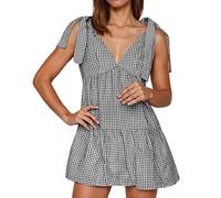 Vhersily Mini mono de mujer a cuadros, cuello en V profundo, manga corta con volantes, línea A, casual, verano, calle, dama de honor, cóctel, novia, seda india, vestidos de primavera, gris, L