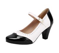 Vhersily Mujer 2026 Bicolor T Correa Tacón Grande Zapatos de tacón Detalle Brogue Punta Cuadrada Pintura Hebilla Ajustable Riemen Tacón Bloque Zapatos Elegantes Años 50 Vestido de Noche Cóctel, De