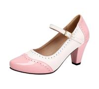 Vhersily Mujer 2026 Bicolor T Correa Tacón Grande Zapatos de tacón Detalle Brogue Punta Cuadrada Pintura Hebilla Ajustable Riemen Tacón Bloque Zapatos Elegantes Años 50 Vestido de Noche Cóctel, rosa