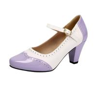 Vhersily Mujer 2026 Bicolor T Correa Tacón Grande Zapatos de tacón Detalle Brogue Punta Cuadrada Pintura Hebilla Ajustable Riemen Tacón Bloque Zapatos Elegantes Años 50 Vestido de Noche Cóctel, A