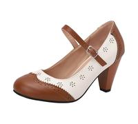 Vhersily Mujer 2026 Bicolor T Correa Tacón Grande Zapatos de tacón Detalle Brogue Punta Cuadrada Pintura Hebilla Ajustable Riemen Tacón Bloque Zapatos Elegantes Años 50 Vestido de Noche Cóctel, B