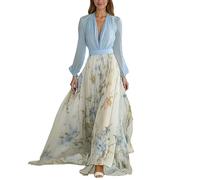 Vhersily Mujer Vestidos Largos de Boda Elegante Cuello V Vestido Pliegue Estampado Floral Gasa Vestido Maxi Dama Noche Ceremonia Ocio Cómodo Princesa Streetwear, turquesa, L