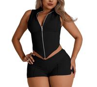 Vhersily Mujeres Sexy Zip Up Ajustado Sin Mangas Camiseta Y Pantalones Cortos Elásticos 2 Piezas Clubwear Para Casa Fitness Para Carnaval, Halloween, Fiesta, Princesa, Pasarela, Cosplay, Negro , M