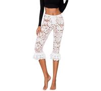 Vhersily Pantalones Capri para mujer de encaje transparente de cintura alta con dobladillo fruncido de verano Casual Corto Leggings Capris Vea a través de la rodilla Leggins para fiesta, club nocturno
