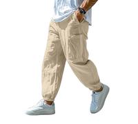 Vhersily Pantalones de lino largos para hombre con bolsillos cargados y cordón elástico cintura elástica pantalones Harem pierna recta cómodos ligeros para correr fitness, para scooter, turismo, para