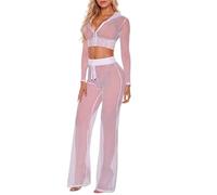 Vhersily Pantalones de mujer de malla ondulada transparente para cubrir la playa largo Bikini Party Clubwear Vestido de verano 2 piezas de manga larga con cordón con cierre de cremallera Disfraces de