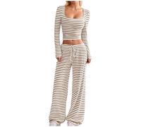 Vhersily Pijama de mujer de invierno completo para correr, 2 piezas, pijamas a rayas, camiseta de manga larga y pantalones anchos, cintura alta, para fitness, pilates, tenis, entrenamiento deportivo