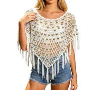 Vhersily Poncho de malla con flecos Boho Hippie Scava fuera camiseta estampado floral jersey poncho mujer punto con lentejuelas de un solo hombro transparente cavado fuera, Color blanco., Talla única