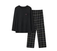 Vhersily Ropa de noche para hombre de algodón cálido manga larga con pantalones escoceses conjunto pijama collar redondo ropa de noche, secado rápido, para otoño e invierno, disfraces de pareja, Negro