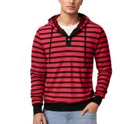 Vhersily Sudaderas con Capucha para Hombre A Rayas Cómoda Sudadera Casual Vacaciones 3 Botones Otoño Invierno Jersey Básico De Manga Larga Suéteres, De Moda, Para Paseo, Versátiles Para Look, rojo, M