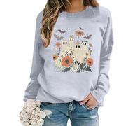 Vhersily Sudaderas de Halloween Mujer Cuello Redondo Casual Lindo Fantasma Impresión Suéteres de Manga Larga Pullover Sin Capucha Cómodo Top Base Vacaciones Blusa, Entrenamiento Running Deportivo