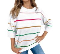 Vhersily Suéter de mujer de invierno 2025 con cuello redondo y rayas de manga larga, informal, manga larga, cuello redondo, liso, para otoño e invierno, cómodo y versátil, B blanco, M