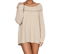 Vhersily Suéter de mujer sexy blanco con cuello plano, clavícula fuera del hombro para adelgazar, para entretiempo, negocios, trabajo, outerwear, para otoño e invierno, cómodo y versátil, beige, L