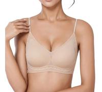 Vhersily Sujetador de mujer sin aros Lovable sin costuras Push Up cómodo sujetadores acolchados correas ajustables cobertura completa con acolchado escote en V Curvy Regalo de San Valentín, beige, M