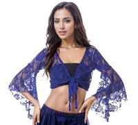 Vhersily Top de danza del vientre para mujer con mangas acampanadas, parte superior corta con chal floral con nudo para la ropa de baile, azul, Talla única
