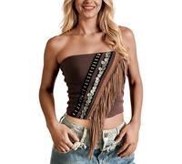 Vhersily Top de tubo adelgazante para mujer banda sin tirantes playa moda retro fuera del hombro vestidos fecha noche flecos espalda Y2K ropa fiesta tanque fuera hombro para carnaval, marrón, S