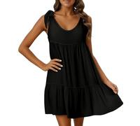 Vhersily Vestido de verano para mujer 2026, sin mangas, cuello en V, longitud hasta la rodilla casual, ajuste holgado, vestido de baile, color liso veraniego ligero de playa viaje transpirable, Negro