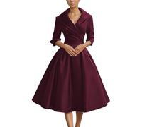 Vhersily Vestido vintage de los años 50 y 60 estilo Hepburn cintura de un solo pecho línea A bordado manga larga vestidos elegantes con escote en V Midi Vestido de cóctel Banquete formal Oficina para