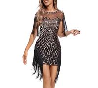 Vhersily Vestidos 20 Años Mujer con Lentejuelas y Flecos en Relieve 1920s Vestido Vestido Gatsby Charleston de Mujer Lentejuelas, Años 20, Flecos, Flapper, dorado, S