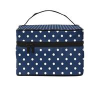 VhoMes Bolsa de Maquillaje, Bolsa de cosméticos Grande, Bolsa de Viaje portátil, Impermeable de Cuero para Mujeres y niñas,Estampado Lunares Blanco Azul Marino