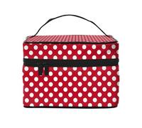 VhoMes Bolsa de Maquillaje, Bolsa de cosméticos Grande, Bolsa de Viaje portátil, Impermeable de Cuero para Mujeres y niñas,Lunares Blancos sobre Rojo