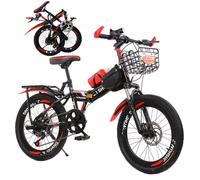 VHVYWY Bicicleta Urbana para Mujer de 18/20/22/24 Pulgadas, Portátil Bicicletas Plegable para Adultos y Niños para 8 a 15 Años, con Amortiguador y Freno de Disco Doble Black Red,20IN