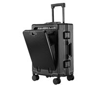 VHVYWY Equipaje de mano abierto frontal, maleta con portavasos y cargador, equipaje pequeño sin cremallera, aprobado por la TSA, 4 ruedas, carcasa dura de policarbonato y marco de aluminio, Black, S