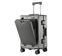 VHVYWY Equipaje de mano abierto frontal, maleta con portavasos y cargador, equipaje pequeño sin cremallera, aprobado por la TSA, 4 ruedas, carcasa dura de policarbonato y marco de aluminio, gris