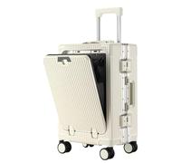 VHVYWY Equipaje de mano abierto frontal, maleta con portavasos y cargador, equipaje pequeño sin cremallera, aprobado por la TSA, 4 ruedas, carcasa dura de policarbonato y marco de aluminio, White, S