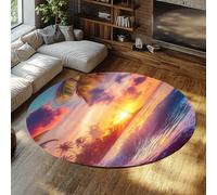 Via Vela Alfombra 120cm Redondas Vibrantes Olas del mar Sala de Juegos Alfombrilla Circulares Suaves Palmeras Resistente a Manchas Guardería Tapete Puesta Sol Fina Aula Pelo bajo Cocina Que no