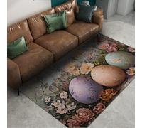 Via Vela Alfombra 120x150cm Lavable Estilo Semana Santa Alfombrilla botánicas primaverales para salón Casa de Campo Tapete Finas Suaves Peonías florecidas Huevos Coloridos con Respaldo del