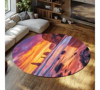 Via Vela Alfombra 150cm Redondas escandinavas Sala de Juegos del océano Alfombrilla Circulares Antideslizantes Olas mar Sol Lavable a máquina Tapete nostálgica Piedra Fina Pelo bajo para