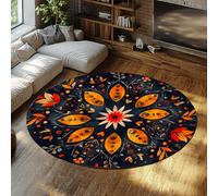 Via Vela Alfombra 160cm botánicas Redondas Sala de Estar Alfombrilla Circulares Lavables Arte Popular Antideslizante Tapete Floral Retro Pelo bajo Plegable Fina Dormitorio Resistente a Manchas