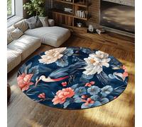 Via Vela Alfombra 160cm Redondas asiáticas Alfombrilla Circulares Lavables Tapete Fina de Flor pájaro Antideslizante Oficina Plegable Pelo bajo Resistente a Manchas Entrada del salón