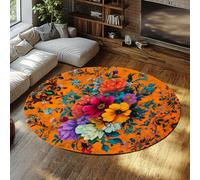 Via Vela Alfombra 160cm Redondas Naranjas Alfombrilla Circulares Lavables Ramo de Flores Tapete Antideslizante Bohemia Silvestres Esterilla Fina Colorida Pelo bajo Dormitorio Salón Vivero Sala