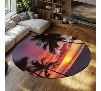 Via Vela Alfombra 160cm Redondas Tropicales exóticas Palmeras Sunset Beach Alfombrilla Circulares Lavables Tapete Antideslizante Dormitorio Nursery Plegable de Pelo bajo Fina y Suave