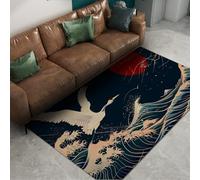 Via Vela Alfombra 160x200cm japonesas Gran Ola Blanca Grulla Patrón Rojo de Sol Área Dormitorio Máquina Alfombrilla Lavable Antideslizante Tapete Grandes y Finas Resistentes a Manchas para la