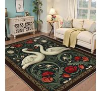 Via Vela Alfombra 180x300cm de área para salón Swan Vintage Red Floral a máquina Alfombrilla Antideslizantes Lavables Tapete botánica Art Nouveau Felpudo Pelo bajo baño Dark Academia Entrada la