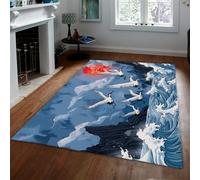 Via Vela Alfombra 60x90cm japonesas Great Wave para Dormitorio Decoración asiática Alfombrilla Suave Patrón grulla de pájaro Tapete Pelo bajo Resistentes a Manchas Fondo Antideslizante Sala