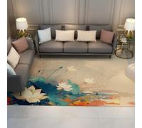 Via Vela Alfombra 60x90cm Lavables Estilo Acuarela Alfombrilla con Tema de Estanque Tapete Antideslizante Flores Loto Estampado Hojas para Interior salón Dormitorio Comedor Entrada botánicas Arte