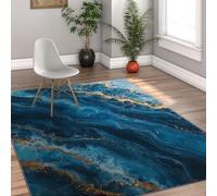 Via Vela Alfombra 60x90cm lujosas Mármol Azul Alfombrilla Lavable a máquina Salón Textura Antideslizante Dorada Grietas Tapete Gran Dormitorio de Pelo bajo Abstracta Oficina en casa Estudio