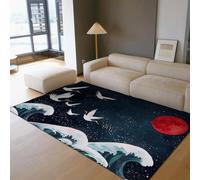 Via Vela Alfombra 90x150cm orientales Estilo Ukiyo E Crane Night Ocean Waves Área de impresión Alfombrilla Antideslizante Lavable para Comedor Tapete Grandes Pelo bajo y Plegable Resistente a la