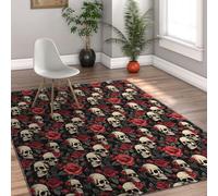 Via Vela Alfombra 90x150cm románticas para salón Alfombrilla Retro Suave Calavera Patrón de Rosa roja Tapete Pelo bajo Respaldo Antideslizante Resistente a Manchas lavandería góticas del