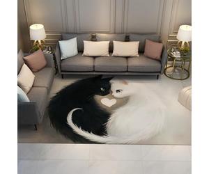 Via Vela Alfombra 90x180cm artísticas Yin Yang Blanco y Negro Cat Love Sala de Estar Alfombrilla Antideslizantes Dormitorio Tapete Pelo bajo Estudio única Amplia en el Suelo Corazón Estética del