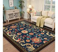 Via Vela Alfombra 90x180cm Florales exóticas Vintage para salón Alfombrilla de Estilo étnico Bohemio Tapete con patrón Floral Azul Marino orientales Antideslizantes Lavables Pelo bajo del