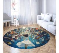 Via Vela Alfombra Redonda 120cm Libros voladores Chica Anime Alfombra Circular Estilo Pintura óleo Biblioteca mágica Antideslizante Fina bajo Perfil tapete decoración Sala Estudio apartamento