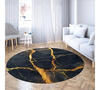Via Vela Alfombra Redonda Abstracta la colección mármol 80cm - Moderna Contemporánea Textura grieta Oro Negro Boho Alfombra Delgada Pelo bajo para Sala Estar