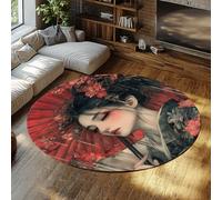 Via Vela Alfombra Redonda Chica Anime Japonesa habitación 200cm 3D Geisha Oriental Gran Alfombra Circular Vintage Rojo Floral estética Lavable máquina Plegable tapete tocador balcón