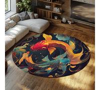 Via Vela Alfombra Redonda Estilo ensueño Rojo y Azul Alfombra círculo Delgado Antideslizante Lavable con Estampado pez Koi Good Luck para el hogar, 100cm Pasillo, 100cm Sala Juegos